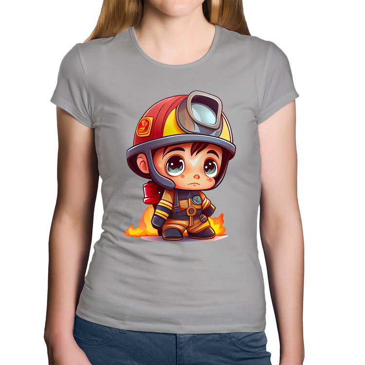 Baby Look Algodão  Mini Bombeiro  - Cinza