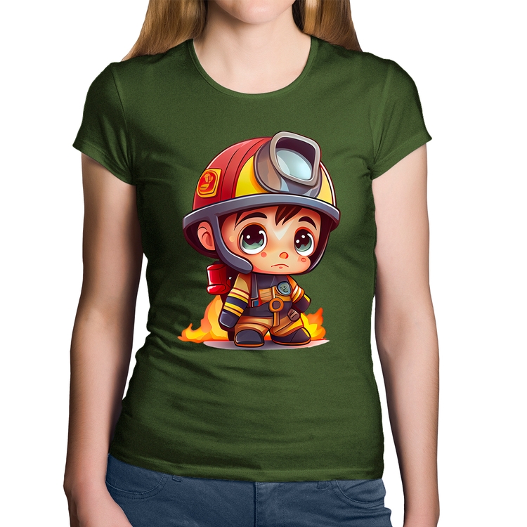 Baby Look Algodão  Mini Bombeiro  - Musgo