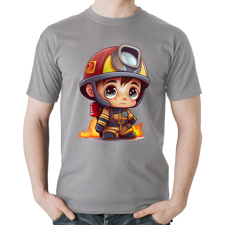 Camiseta Algodão  Mini Bombeiro  - Cinza