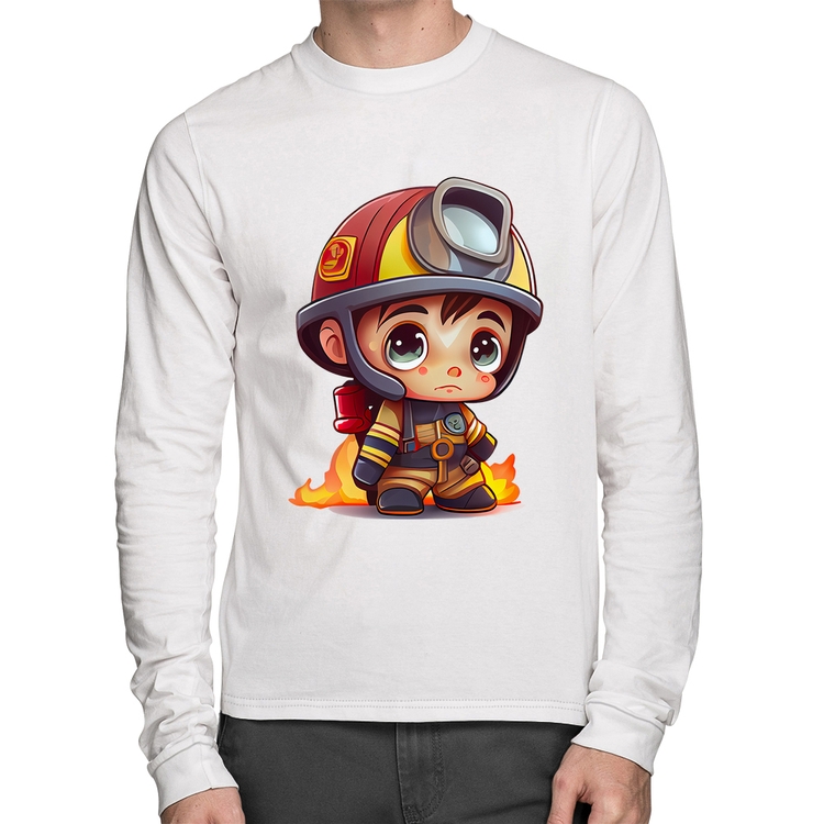 Camiseta Algodão  Mini Bombeiro  Manga Longa - Branca
