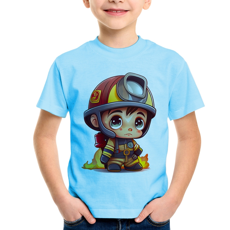Camiseta Infantil  Mini Bombeiro  - Azul Bebê