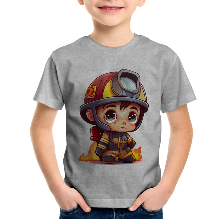 Camiseta Infantil  Mini Bombeiro  - Cinza