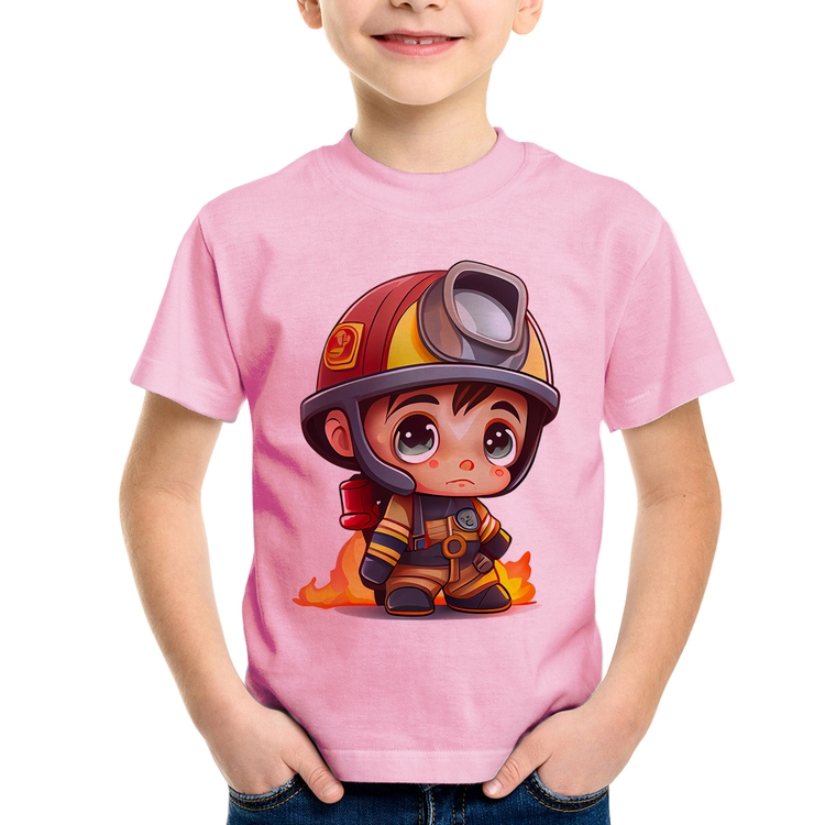 Camiseta Infantil  Mini Bombeiro  - Rosa Bebê
