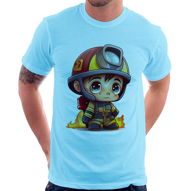 Camiseta  Mini Bombeiro  - Azul Bebê
