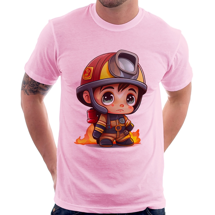 Camiseta  Mini Bombeiro  - Rosa Bebê
