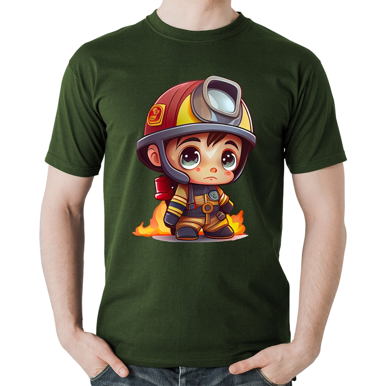 Camiseta Algodão  Mini Bombeiro  - Musgo