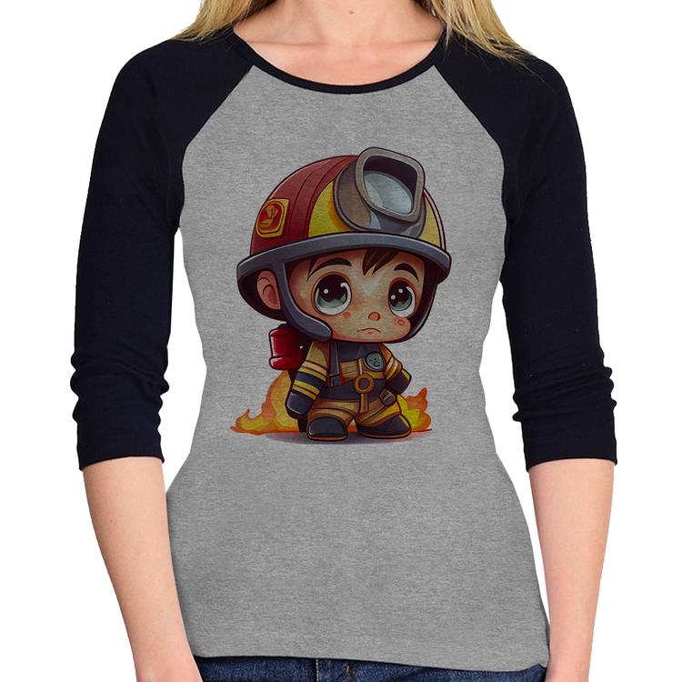 Baby Look Raglan  Mini Bombeiro  Manga 3/4 - Cinza/Preto