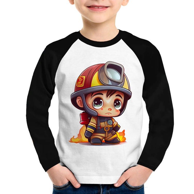 Camiseta Raglan Infantil  Mini Bombeiro  Manga Longa