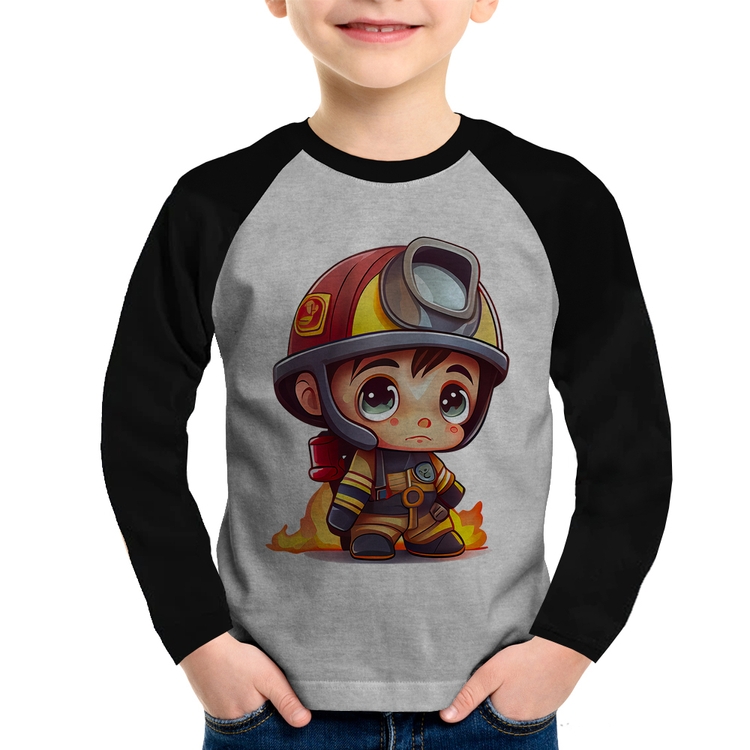 Camiseta Raglan Infantil  Mini Bombeiro  Manga Longa - Cinza/Preto