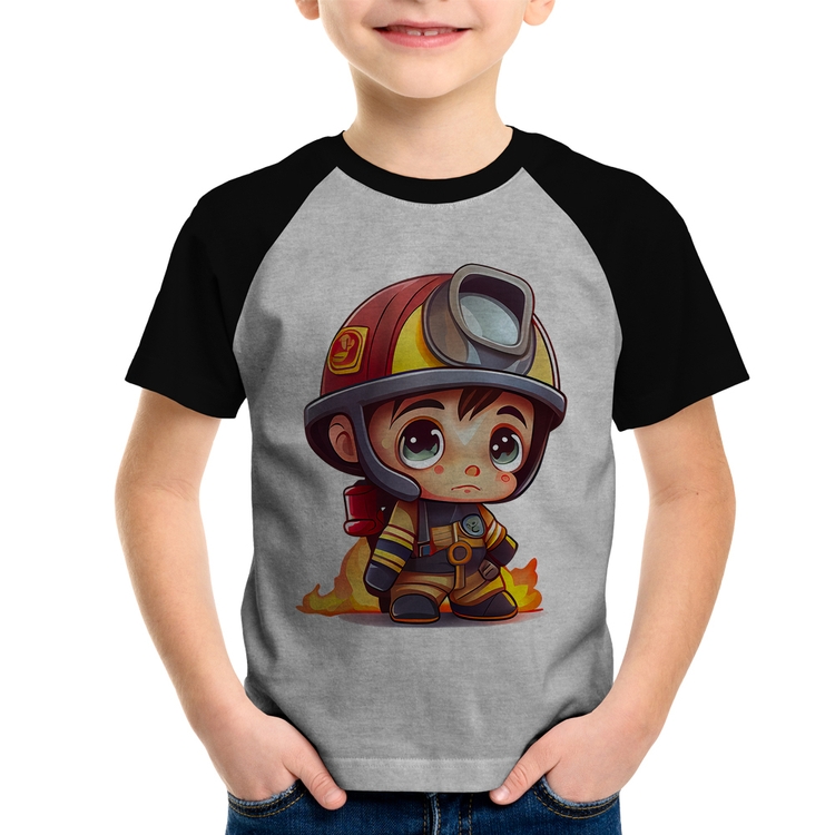 Camiseta Raglan Infantil  Mini Bombeiro  - Cinza/Preto