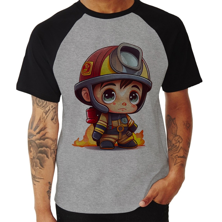 Camiseta Raglan  Mini Bombeiro  - Cinza/Preto