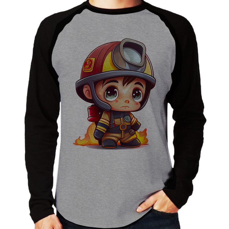 Camiseta Raglan  Mini Bombeiro  Manga Longa - Cinza/Preto