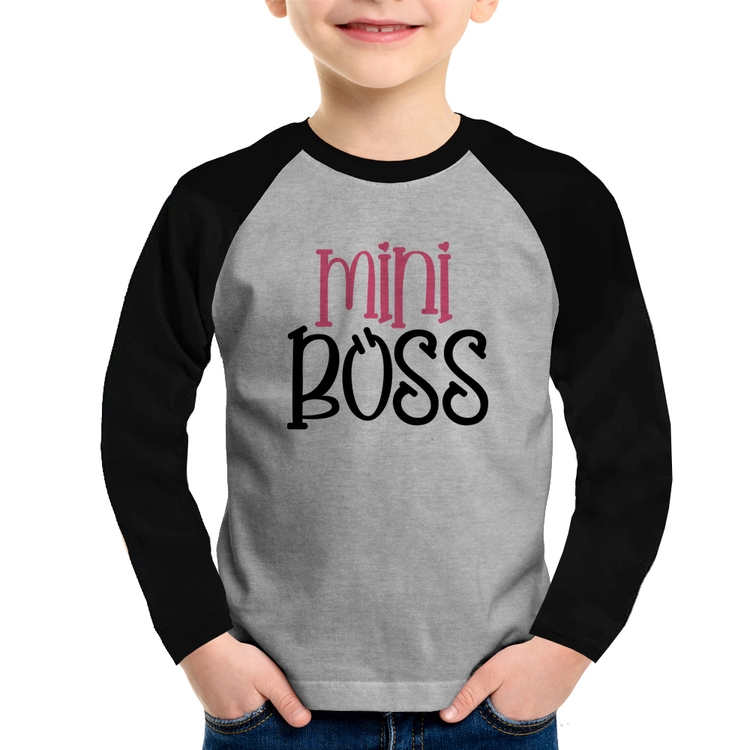 Camiseta Raglan Infantil Mini Boss Manga Longa - Cinza/Preto