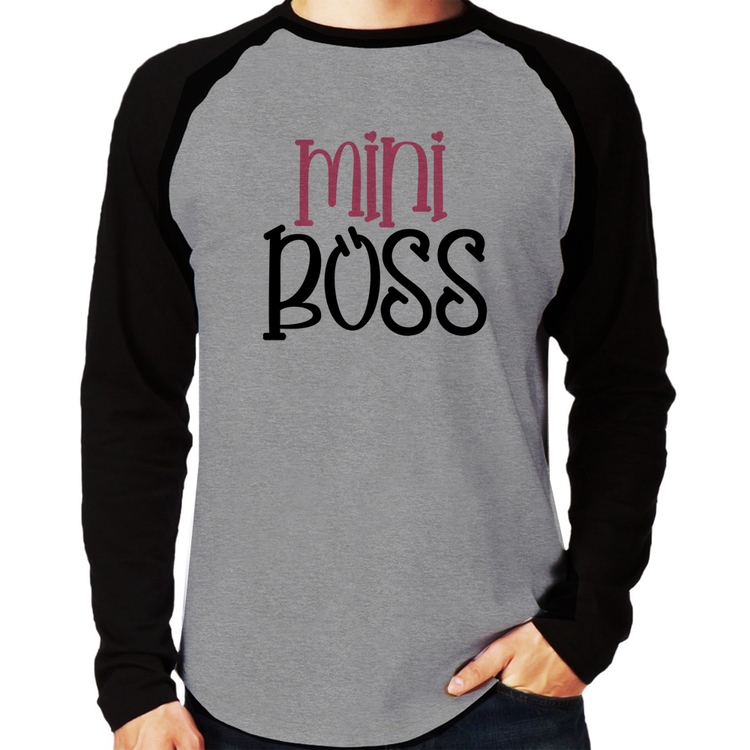 Camiseta Raglan Mini Boss Manga Longa - Cinza/Preto