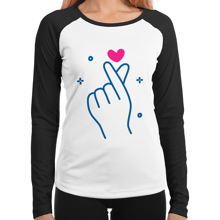 Baby Look Raglan Mini coração coreano Manga Longa