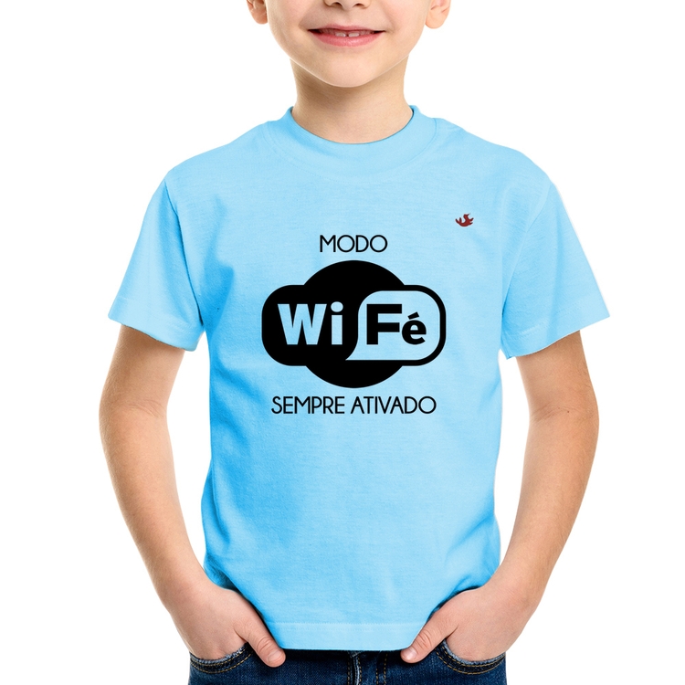 Camiseta Infantil Modo Wi-Fé sempre ativado - Azul Bebê