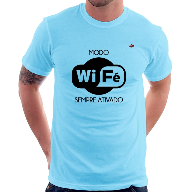 Camiseta Modo Wi-Fé sempre ativado - Azul Bebê