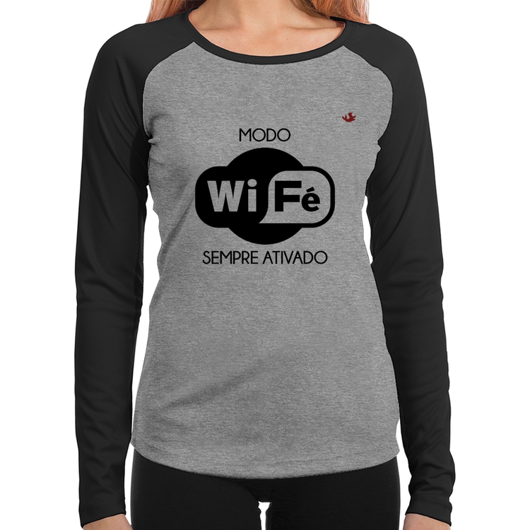 Baby Look Raglan Modo Wi-Fé sempre ativado Manga Longa - Cinza/Preto
