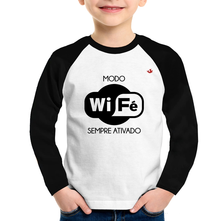 Camiseta Raglan Infantil Modo Wi-Fé sempre ativado Manga Longa