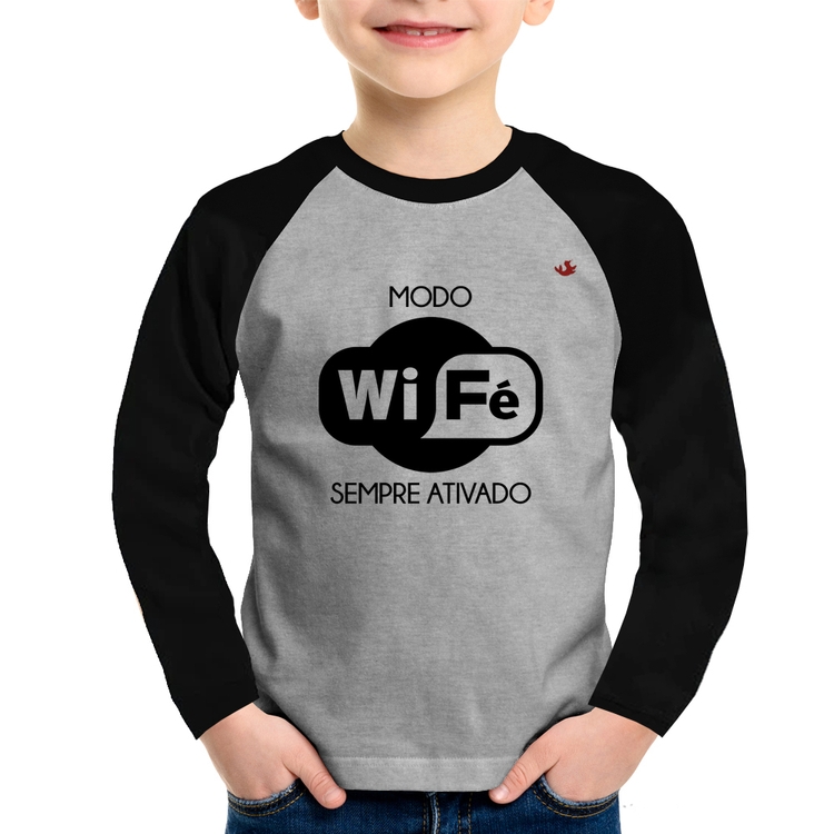 Camiseta Raglan Infantil Modo Wi-Fé sempre ativado Manga Longa - Cinza/Preto