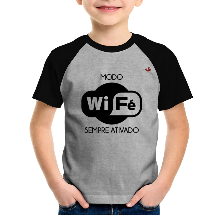 Camiseta Raglan Infantil Modo Wi-Fé sempre ativado - Cinza/Preto