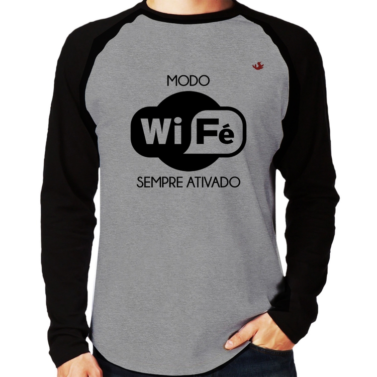 Camiseta Raglan Modo Wi-Fé sempre ativado Manga Longa - Cinza/Preto