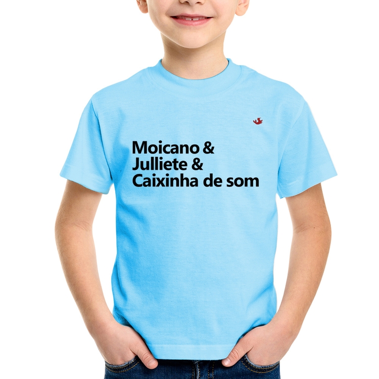 Camiseta Infantil Moicano & Julliete & Caixinha de Som - Azul Bebê