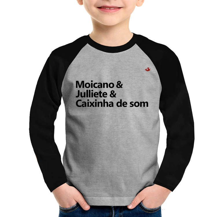 Camiseta Raglan Infantil Moicano & Julliete & Caixinha de Som Manga Longa - Cinza/Preto