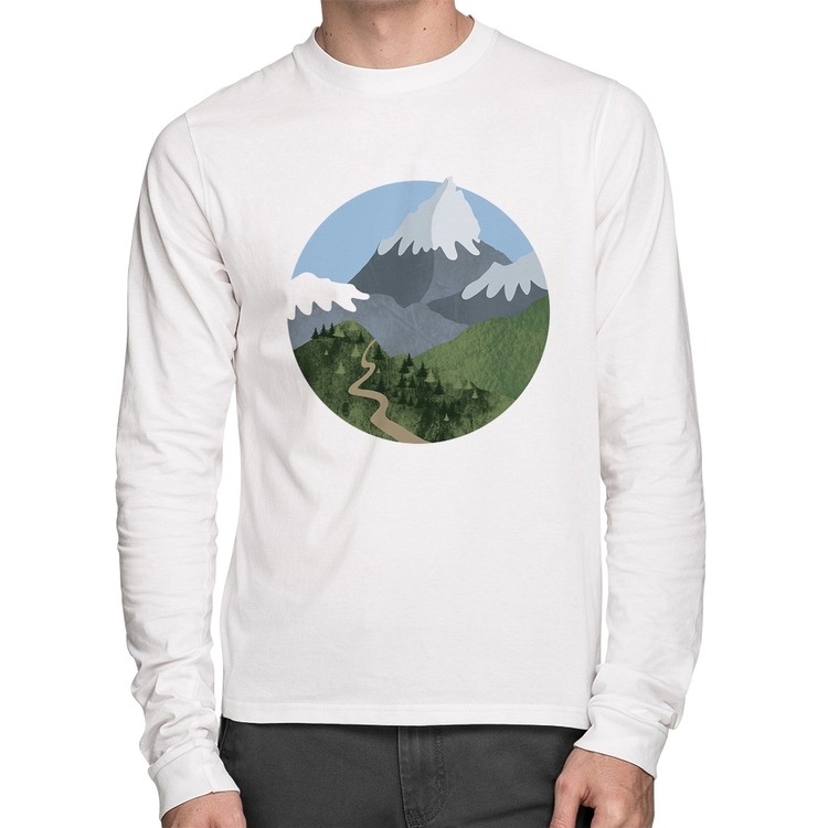 Camiseta Algodão Montanhas Manga Longa - Branca