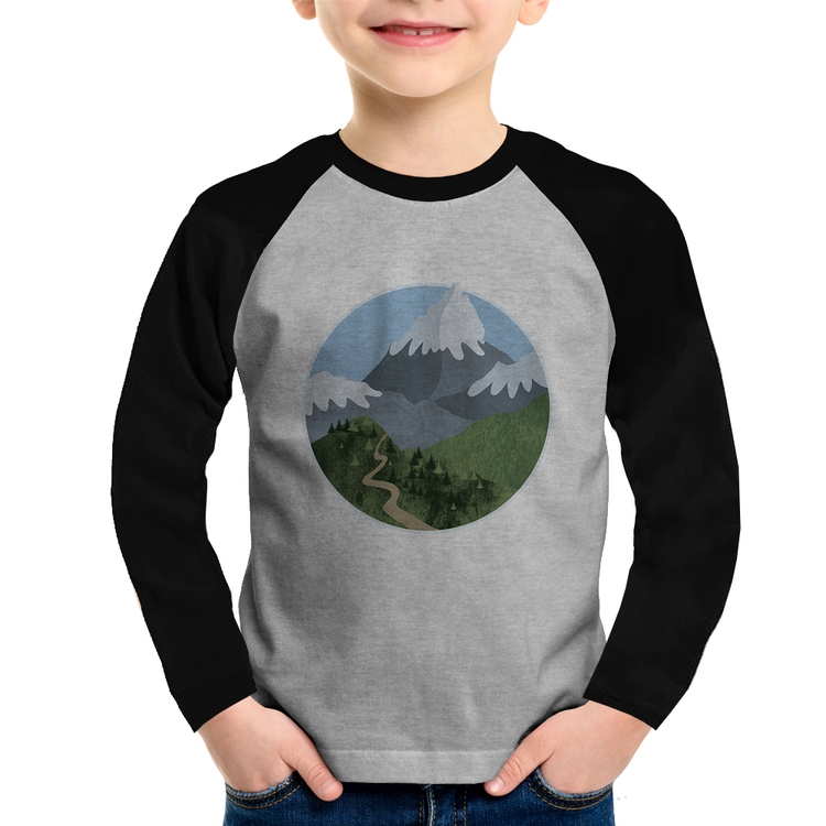 Camiseta Raglan Infantil Montanhas Manga Longa - Cinza/Preto