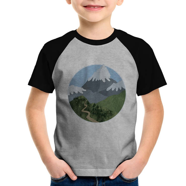 Camiseta Raglan Infantil Montanhas - Cinza/Preto