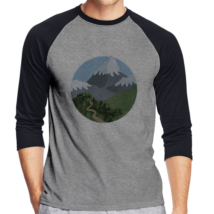 Camiseta Raglan Montanhas Manga 3/4 - Cinza/Preto