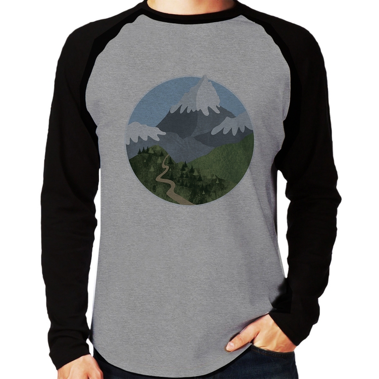 Camiseta Raglan Montanhas Manga Longa - Cinza/Preto
