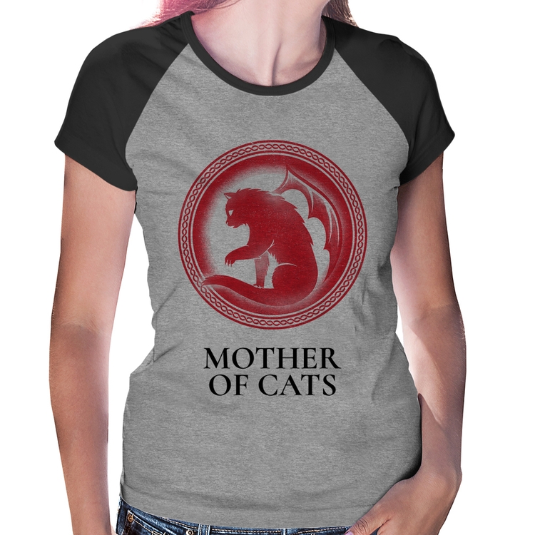Baby Look Raglan Mother of Cats - Cinza/Preto