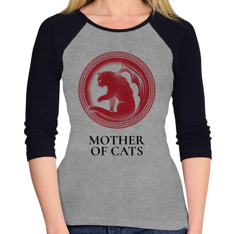 Baby Look Raglan Mother of Cats Manga 3/4 - Cinza/Preto
