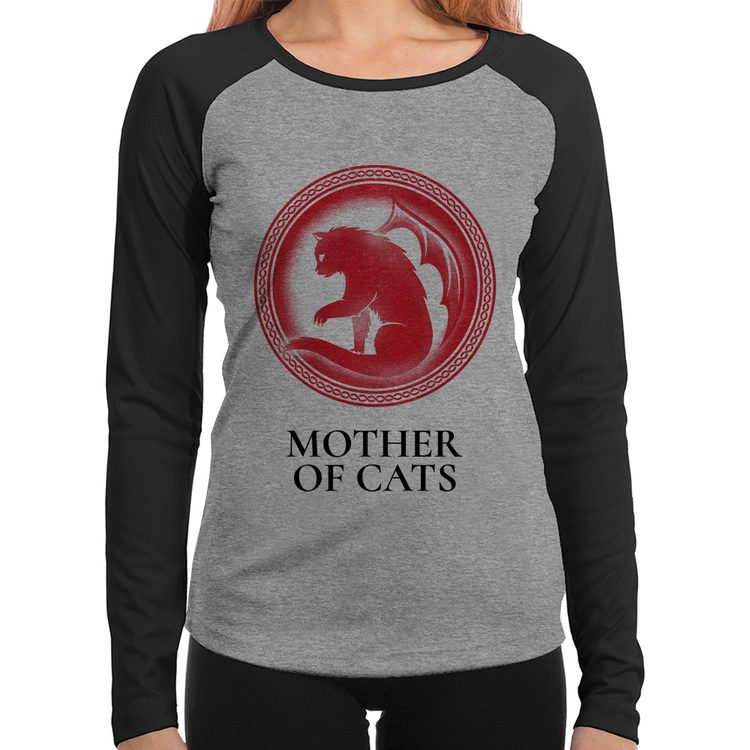 Baby Look Raglan Mother of Cats Manga Longa - Cinza/Preto