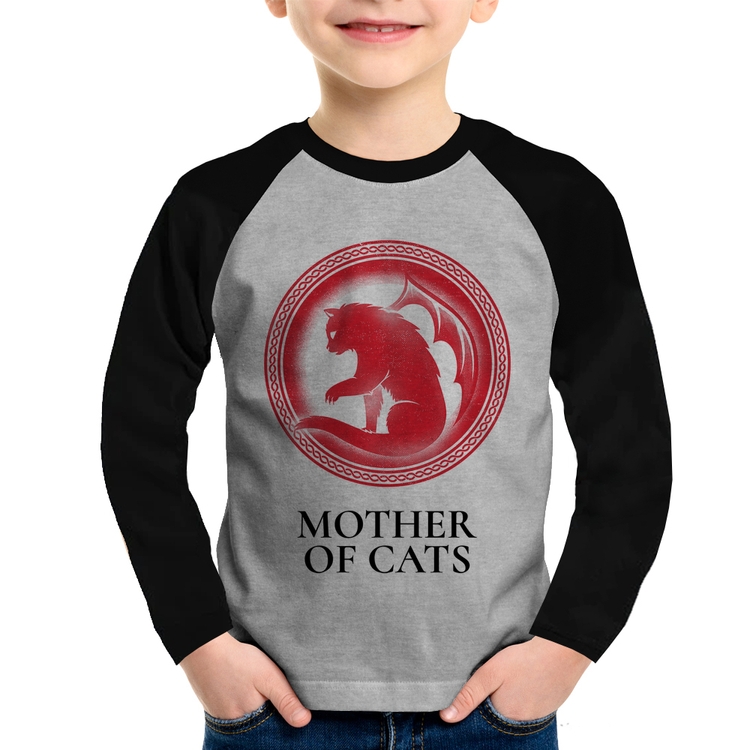 Camiseta Raglan Infantil Mother of Cats Manga Longa - Cinza/Preto