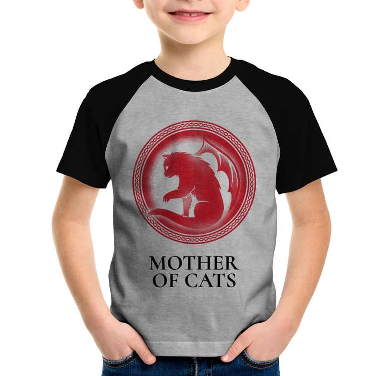 Camiseta Raglan Infantil Mother of Cats - Cinza/Preto
