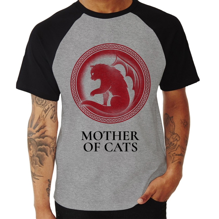 Camiseta Raglan Mother of Cats - Cinza/Preto