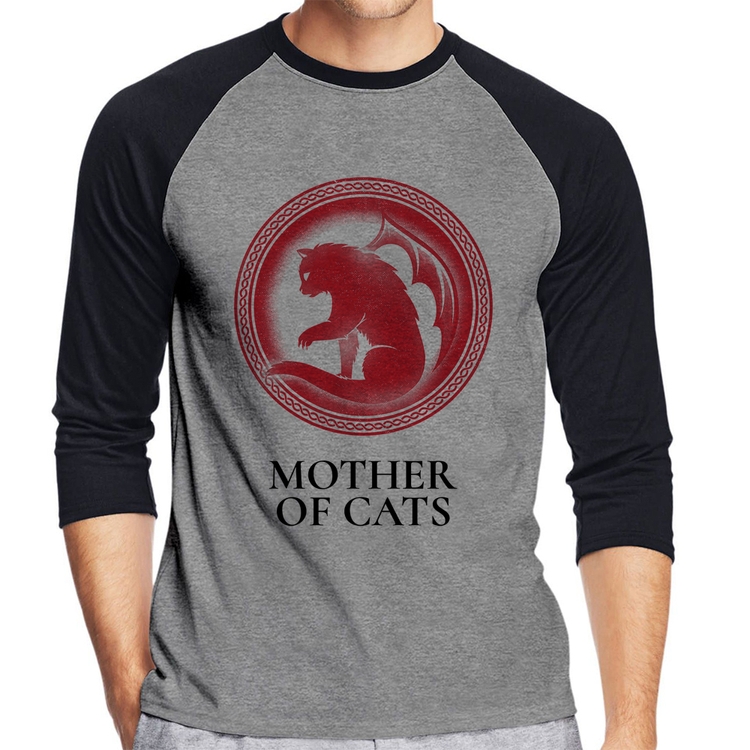 Camiseta Raglan Mother of Cats Manga 3/4 - Cinza/Preto