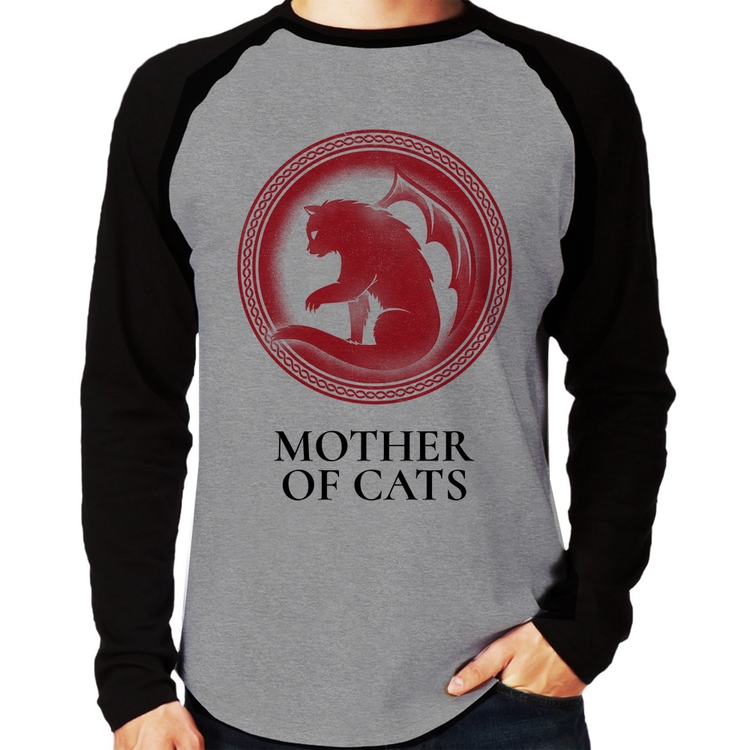 Camiseta Raglan Mother of Cats Manga Longa - Cinza/Preto