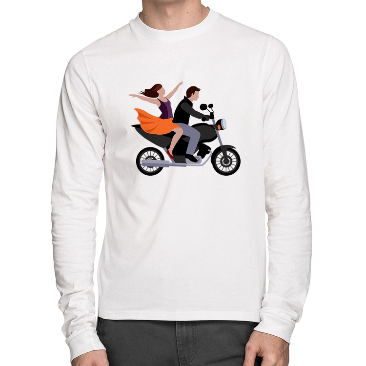 Camiseta Algodão Moto Casal Manga Longa - Branca