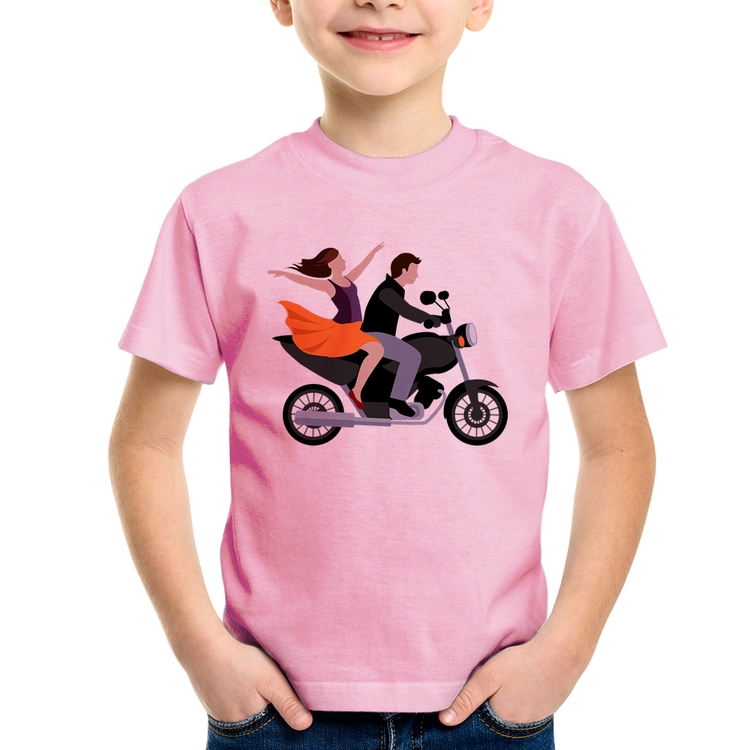 Camiseta Infantil Moto Casal - Rosa Bebê