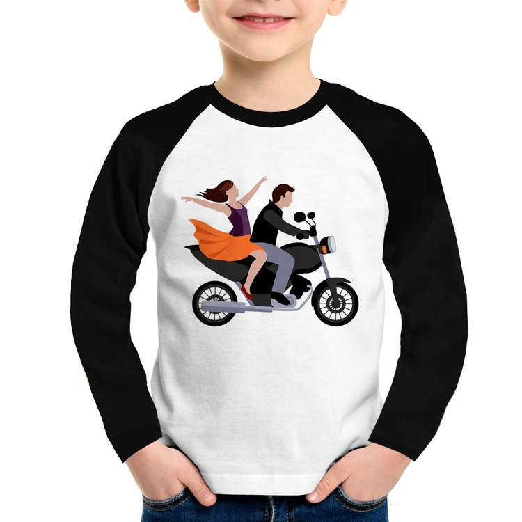 Camiseta Raglan Infantil Moto Casal Manga Longa