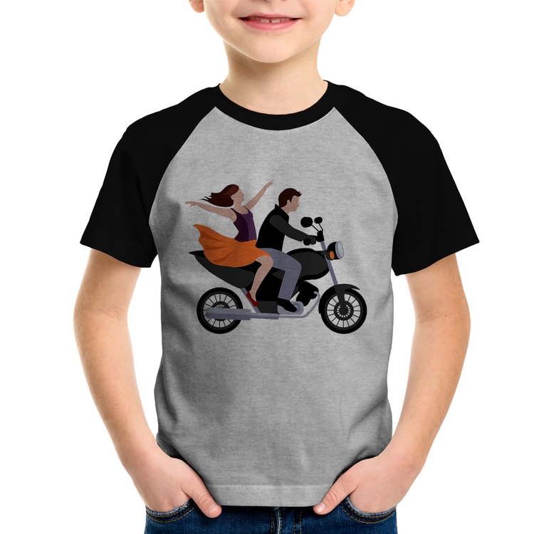 Camiseta Raglan Infantil Moto Casal - Cinza/Preto