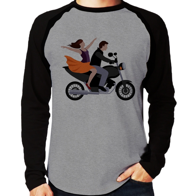 Camiseta Raglan Moto Casal Manga Longa - Cinza/Preto