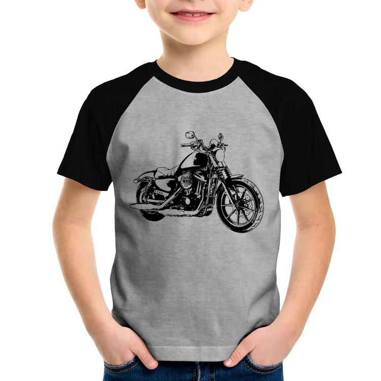 Camiseta Raglan Infantil Moto Sportster XL 883 Iron Art - Cinza/Preto