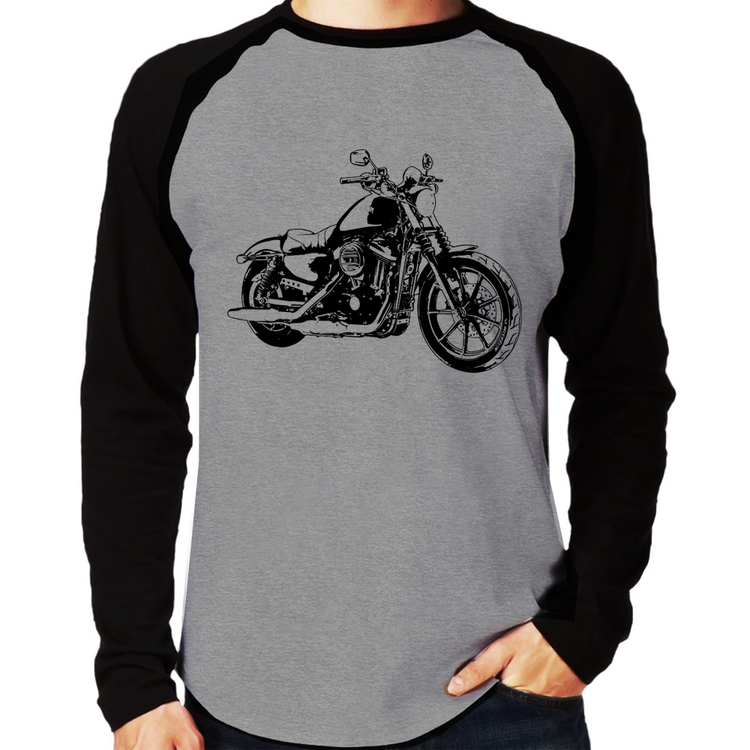 Camiseta Raglan Moto Sportster XL 883 Iron Art Manga Longa - Cinza/Preto