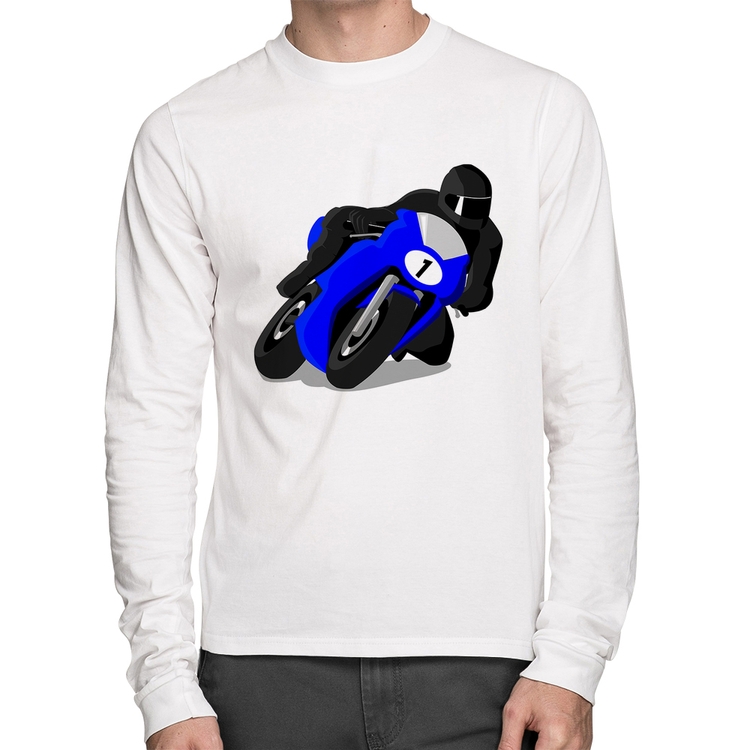Camiseta Algodão Moto Corrida Manga Longa - Branca