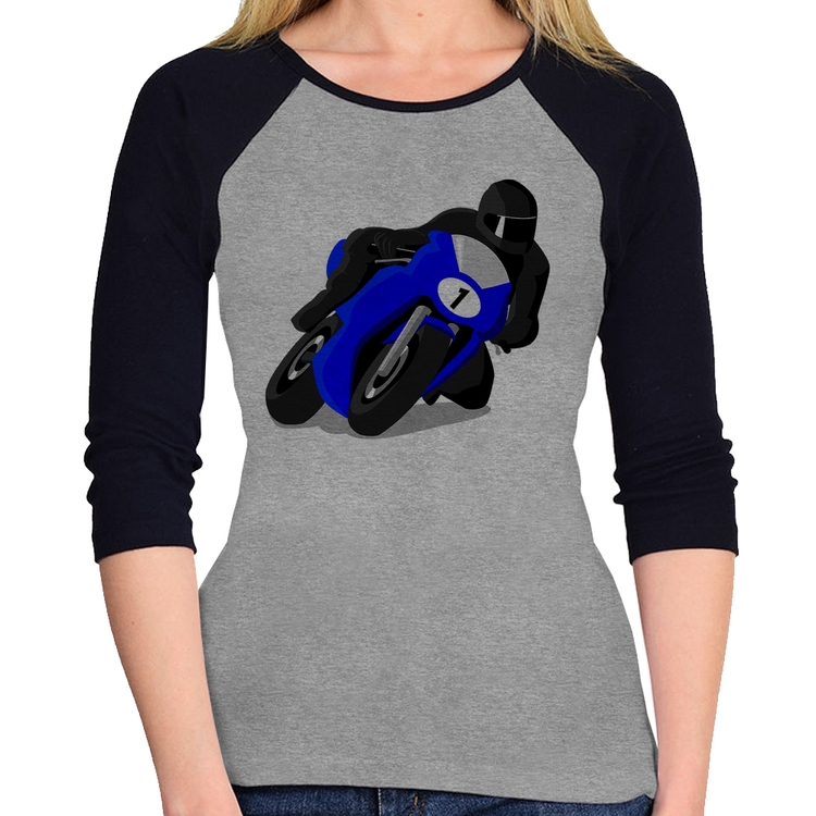 Baby Look Raglan Moto Corrida Manga 3/4 - Cinza/Preto